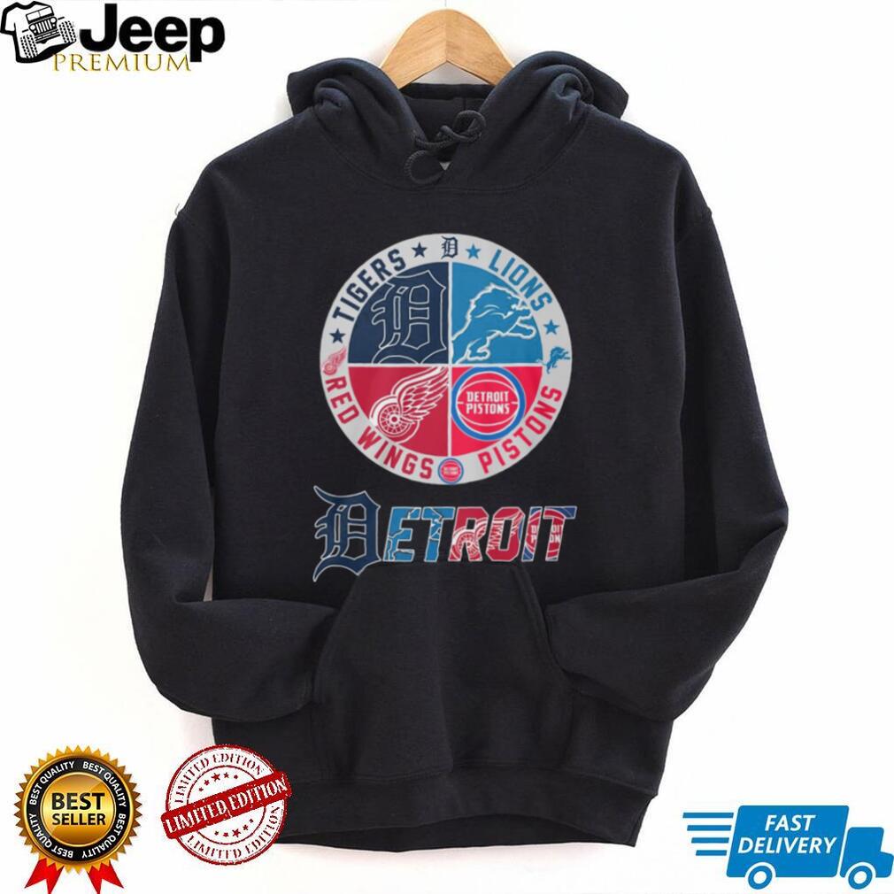 Detroit 4 Way Sports Crest T Shirt Tigers, Lions, Red Wings, Pistons Logo