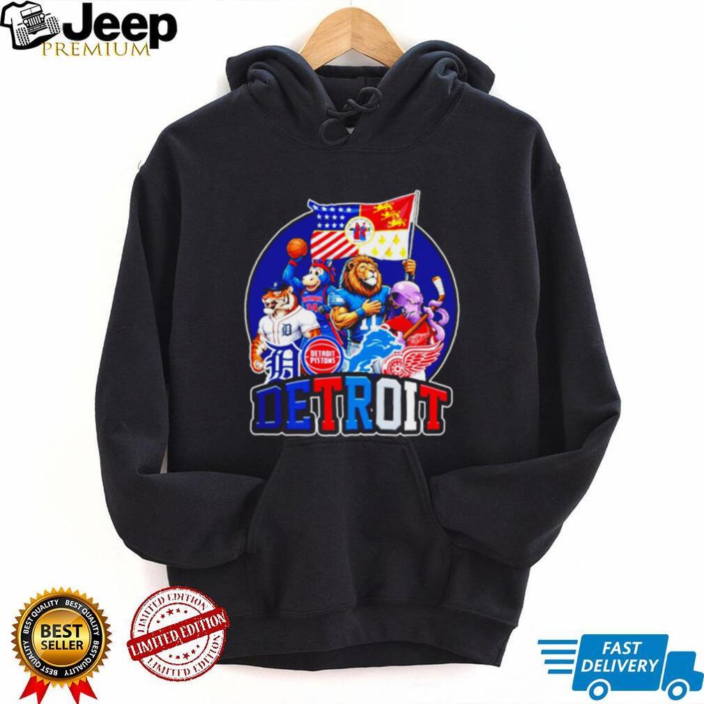 Detroit City Sports Mascots Flag Logo Tigers Lions Pistons Red Wings T Shirt
