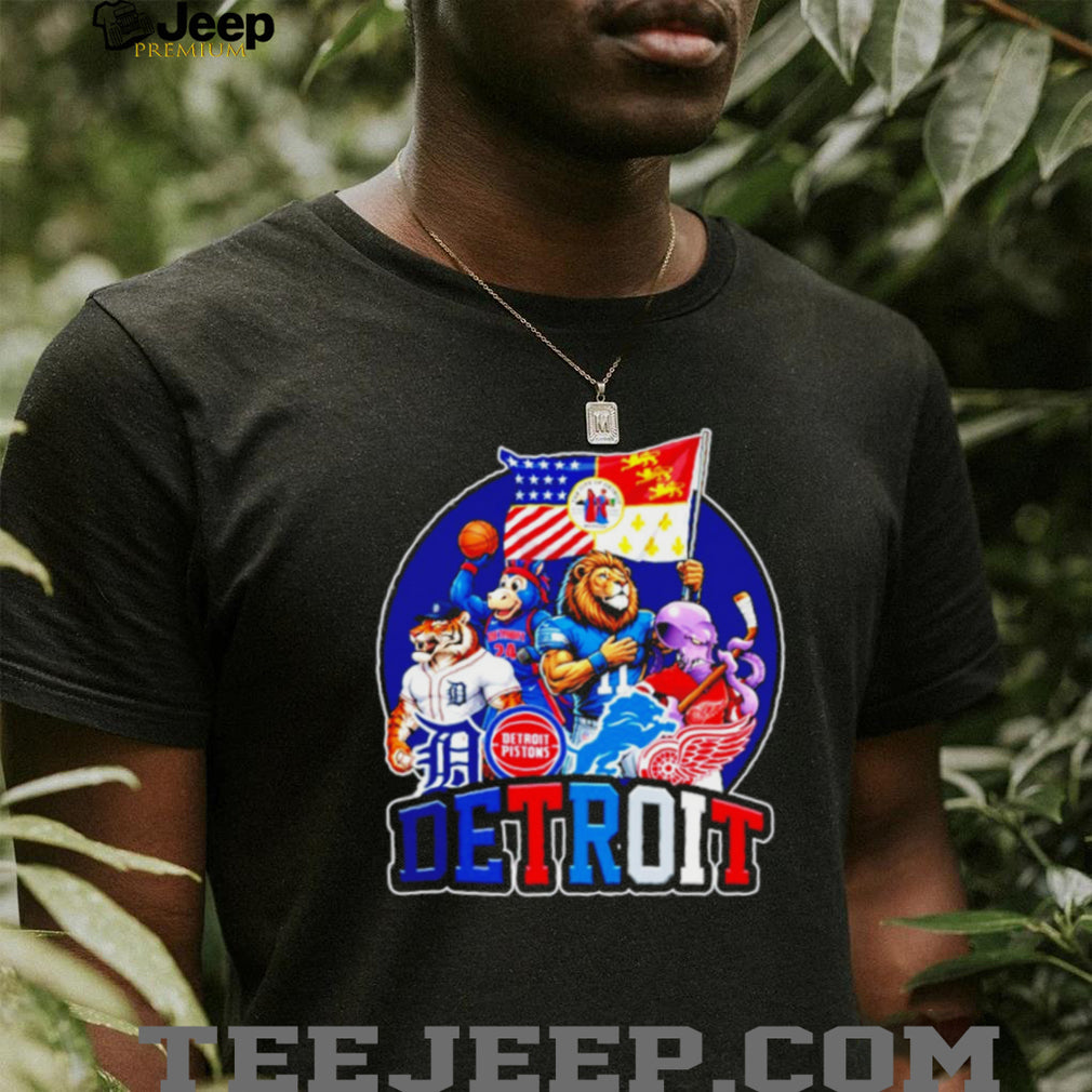 Detroit City Sports Mascots Flag Logo Tigers Lions Pistons Red Wings T Shirt