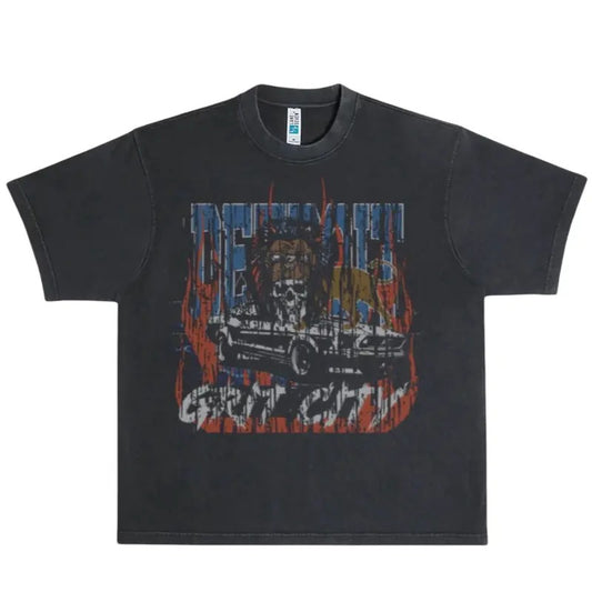 Detroit Grot City Urban Heavy Washed Lion.s - Menswear Top with Original Design and Stylish Fit Cotton T-Shirt Tee Streetwear Classic Tshirt Shortsleeve Crewneck