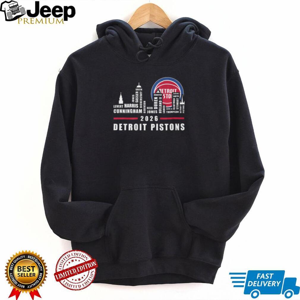 Detroit Pistons 2026 Basketball Team Players Names Skyline Logo Red Blue T Shirt