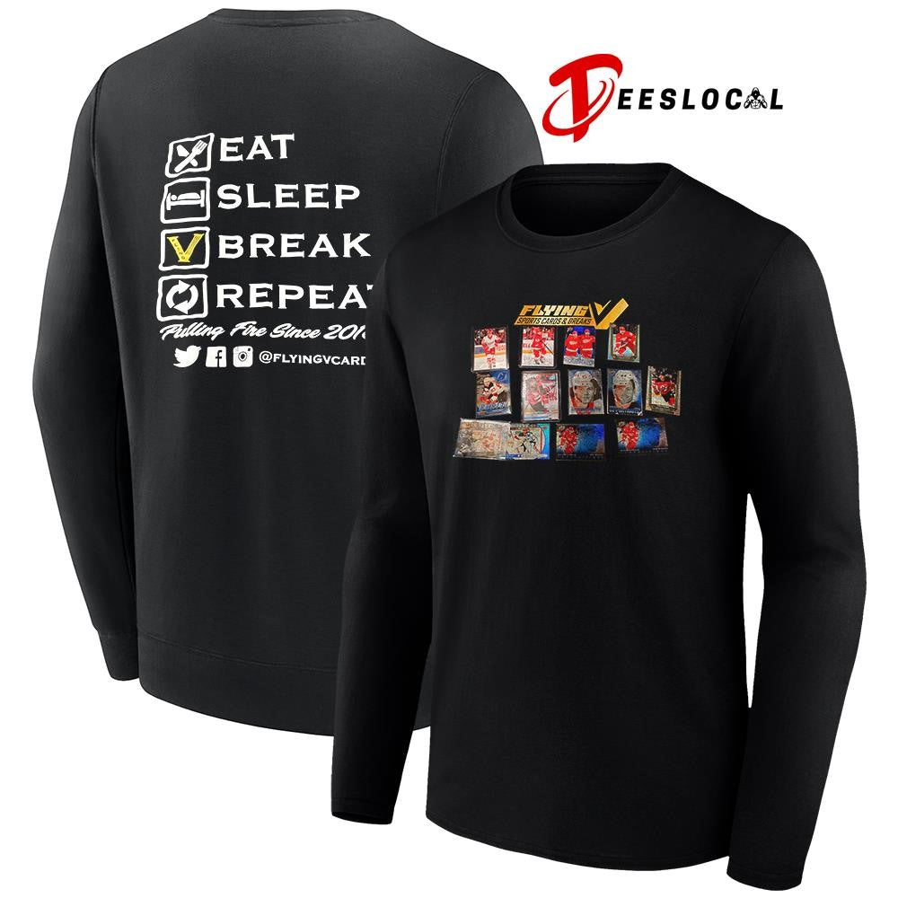Detroit Red Wings Flying V sports cards and breaks eat sleep break repeat graphic shirt