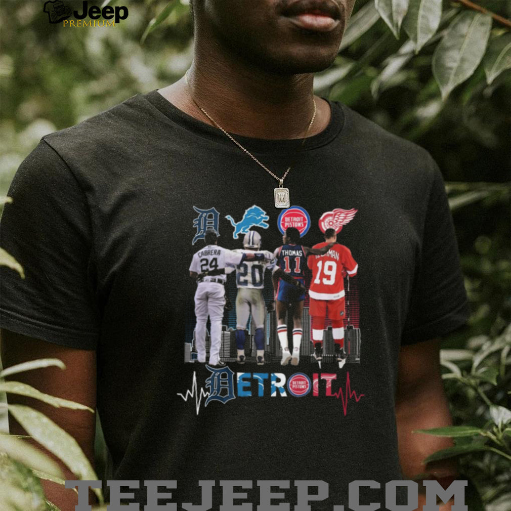 Detroit Sports Icons Skyline Heartbeat T Shirt Cabrera, Sanders, Thomas, Yzerman