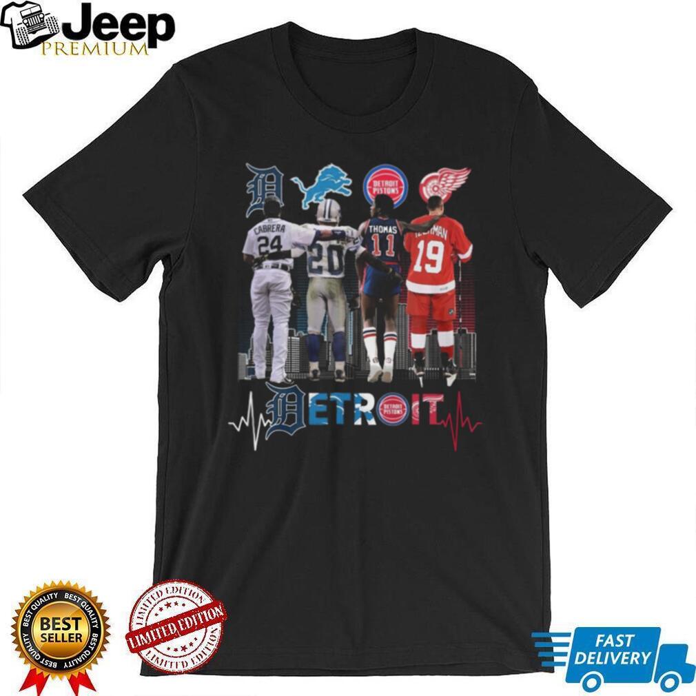 Detroit Sports Icons Skyline Heartbeat T Shirt Cabrera, Sanders, Thomas, Yzerman