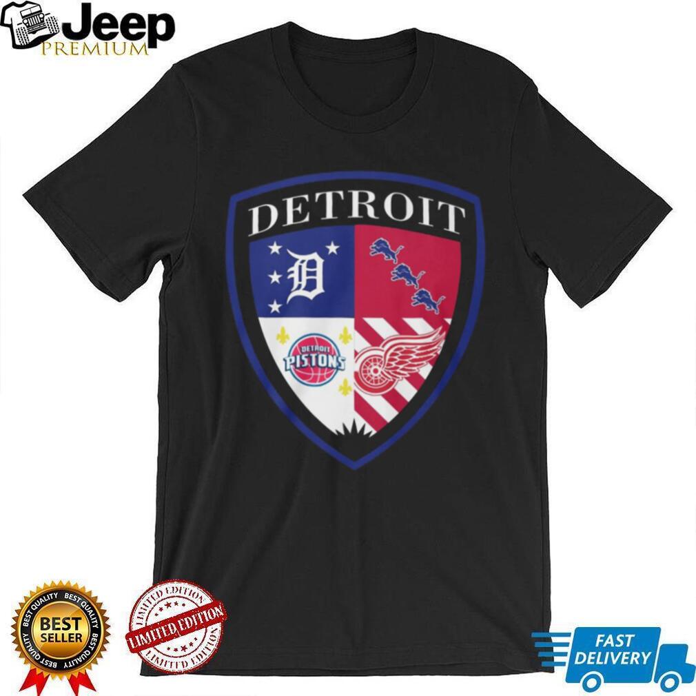 Detroit Sports Teams Shield Tigers Lions Pistons Red Wings Crest T Shirt