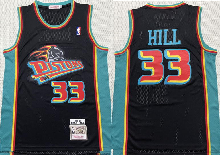 Detroit Pistons #33 Grant Hill Pistons 33# Black 1998-99 Hill Iverson Retro Jersey