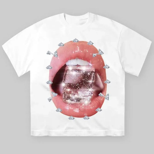 Diamond Grillz Ice Cube Graphic T-Shirt, Bold Lips and Sparkling Jewelry Art, Y2K-Inspired Streetwear, Bling Graphic Tee