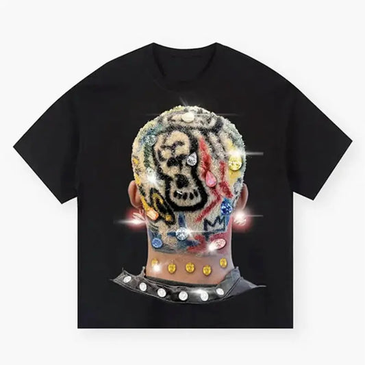 Diamond Print T-shirt with Colored Hair Design, Black Tee