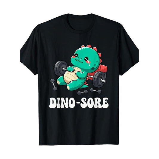 Dino-Sore Cute Dinosaur Gym Fitness Lifting T-Shirt, Cotton Crew Neck Short Sleeve Tee, Casual Geometric Pattern Knit Fabric, Digital Heat Transfer, Four Seasons Regular Fit Top Made in USA