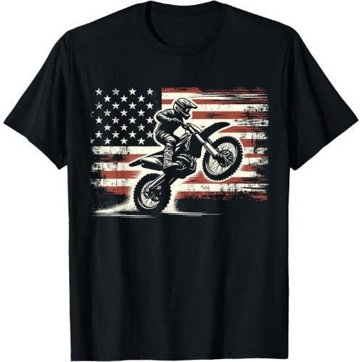 Dirt Bike American Flag Motocross Biker Vintage USA T-Shirt Made in USA