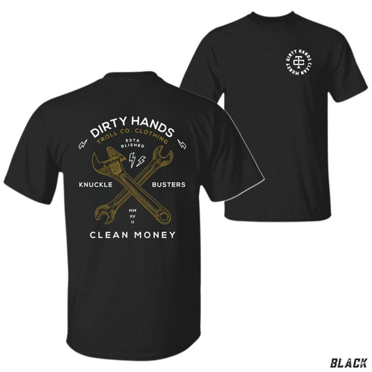 Dirty Hands T-shirt - Bold Mechanic Design Featuring Crossed Wrenches and Knuckle Busters, Perfect for Skilled Trades and Working Professionals, Menswear Tops Streetwear Tshirt Slogan Tees Shortsleeve