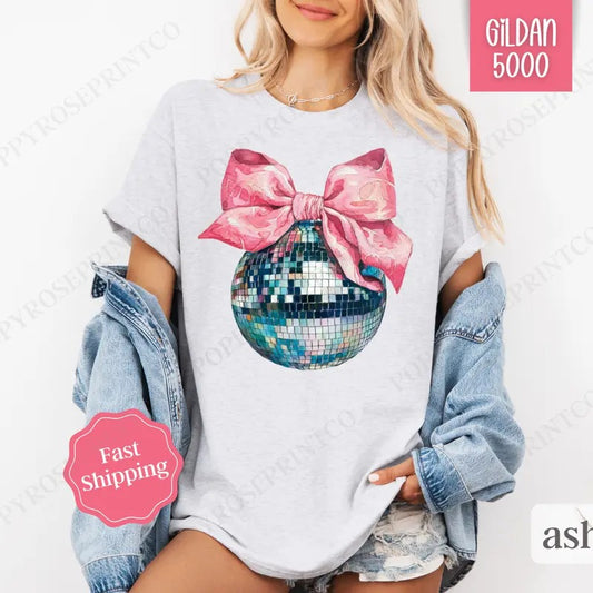 Disco Ball Bow Shirt Gildan, New Year's 2025 Women's Tee,  NYE Women's Tshirt Plus Sizes