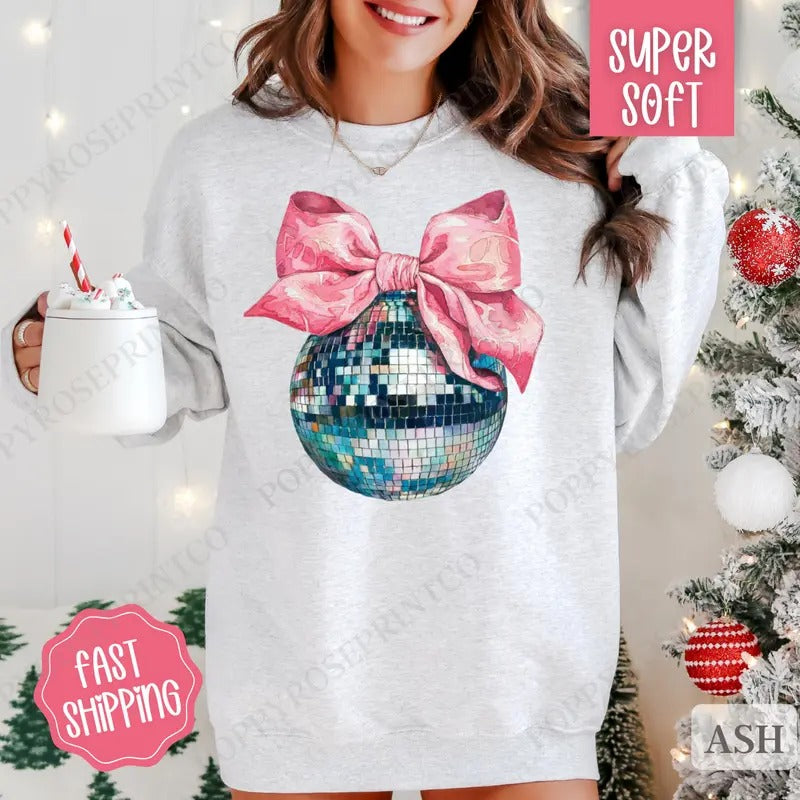Disco Ball Bow Sweatshirt, New Year's 2025 Crewneck, NYE Women's Sweater