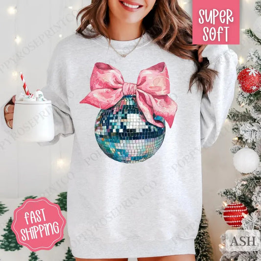 Disco Ball Bow Sweatshirt, New Year's 2025 Crewneck, NYE Women's Sweater