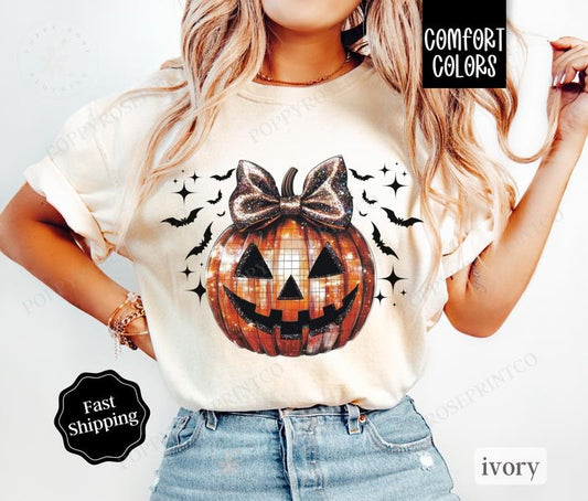 Disco Ball Pumpkin Shirt Comfort Colors, Fall Tshirt, October Vibes Shirt for Women Oversized Crewneck Tee