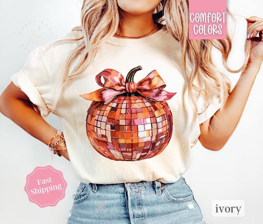Disco Ball Pumpkin Shirt Comfort Colors, Fall Tshirt, October Vibes Shirt for Women Oversized Crewneck Teestyle{n002}2