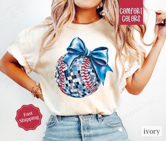 Disco Baseball Bow Shirt Comfort Colors, Womens Baseball Tee, Womenswear Oversized Crewneck, Coquette Clothing