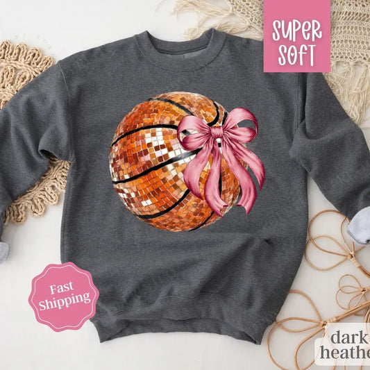Disco Basketball Bow Sweatshirt, Game Day Basketball Crewneck, Womens Sweatshirt