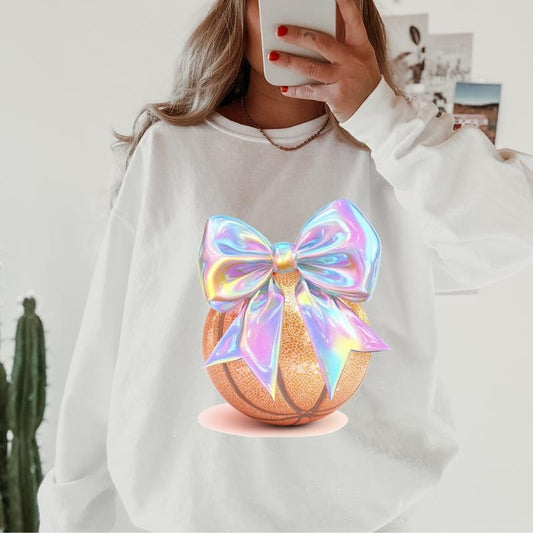 Disco Basketball with Bow Crewneck, Retro Cotton, Crewneck Fashion Fit Sleeve Comfortable Cute, CASUAL COTTON CREWNECK HOODIE, WOMENS SWEATSHIRT Womenswear Athletic Basic Day Long Sleeves Mama