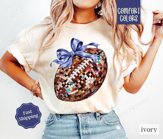 Disco Football Bow Shirt Comfort Colors, Game Day Womens Football Tee, Womenswear Oversized Crewneck, Coquette Clothing