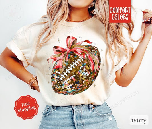 Disco Football Bow Shirt Comfort Colors, Game Day Womens Football Tee, Womenswear Oversized Crewneck, Coquette Clothingstyle{n002}2