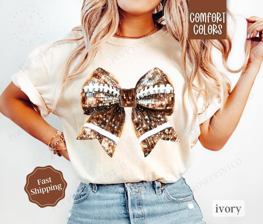 Disco Football Bow Shirt Comfort Colors, Womens Football Tee, Womenswear Oversized Crewneck
