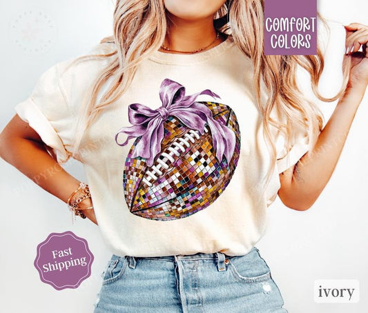 Disco Football Bow Shirt Comfort Colors, Womens Football Tee, Womenswear Oversized Crewneck, Coquette Clothingstyle{n002}2