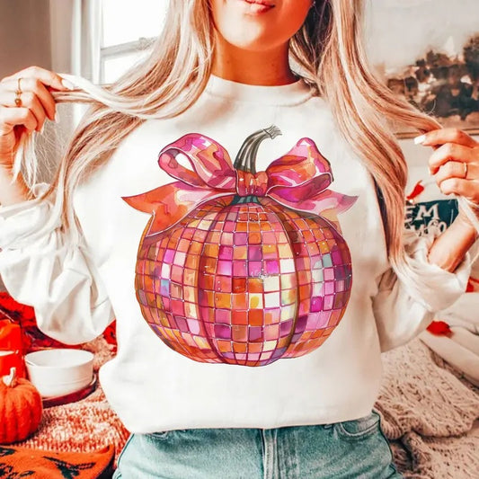 Disco Pumpkin Crewneck, Trendy Fall T-Shirt, Coquette Aesthetic Autumn Sweatshirt, Fall Pumpkin Clothing, Unisex Cotton Fabric