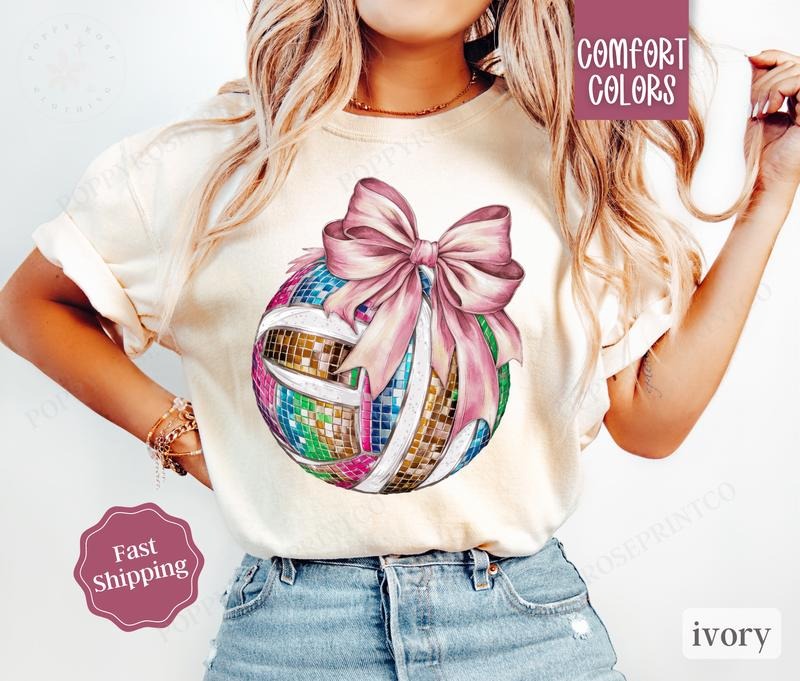 Disco Volleyball Bow Shirt Comfort Colors, Womens Volleyball Tee, Womenswear Oversized Crewneck, Coquette Clothing