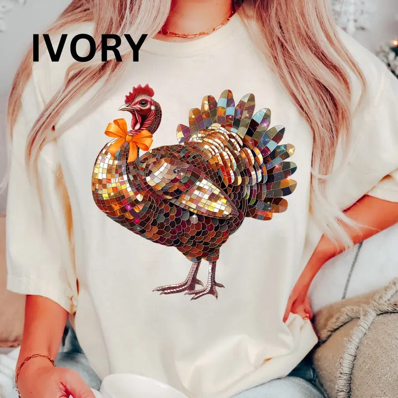 Disco turkey Shirt, Comfort Colors thanksgiving Shirt, Neon thanksgiving Shirt, Retro fall Shirt, Cotton Fabric Womenswear Top Printed Oversized Women