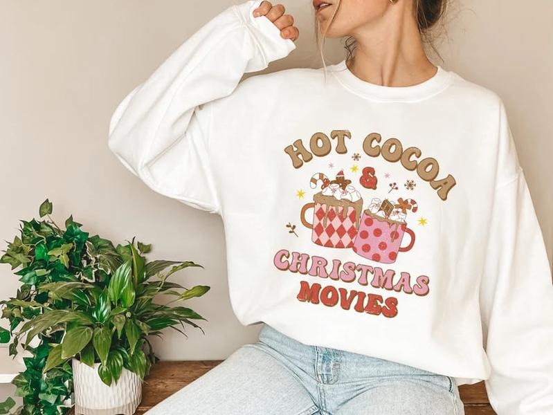 Distressed Hot Cocoa and Christmas Movies Crewneck Sweatshirt, Holiday Sweater, Ugly Xmas Sweater, Hot Chocolate Sweatshirt, Festive Shirt