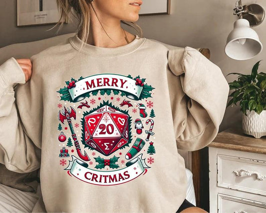 DnD Merry Critmas Sweatshirt, DnD Christmas Sweatshirt, DnD Xmas Shirt, D20 Christmas Sweatshirt, D20 Shirt, Christmas Party Sweatshirt, Christmas Sweatshirt For DnD Fans, Polyhedral Dice Xmas Hoodie, Merry Cristmas Sweater,