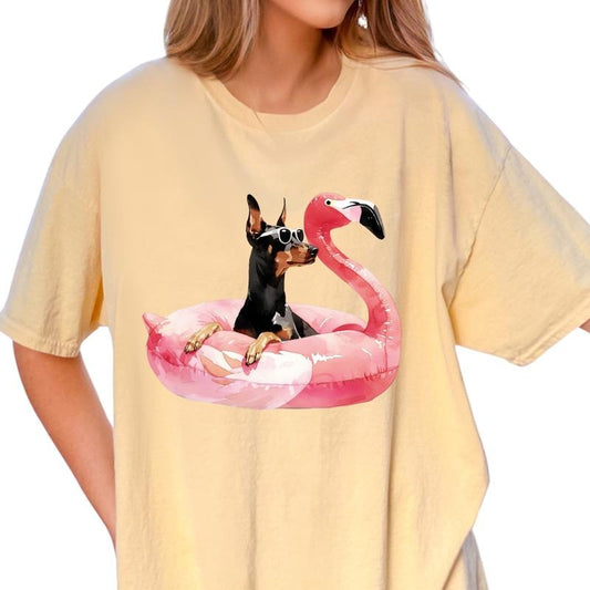 Doberman Flamingo Float Dog Shirt ~ Unisex Apparel Relaxed Fit Printed In The USA Clothing Womenswear Casual Comfort Cotton Top Athletic Boho Chic