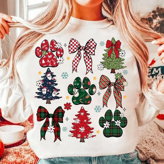 Dog Mama Coquette Sweatshirt - Merry Woofmas Christmas Bow T-Shirt, Dog Lover Checkered Holiday Clothing, Unisex Cotton Crewneck