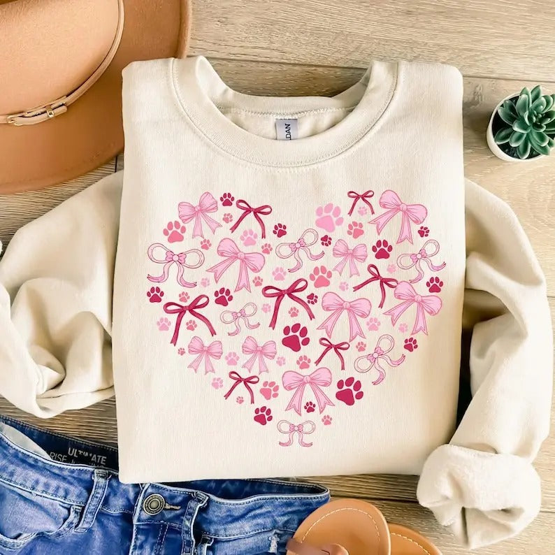 Dog Valentine Coquette Heart Sweatshirt Dog Mom , Valentine's Day , Dog Paw Print Heart , Valentine  , Dog Lover Gift...