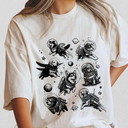 Dogs In Space Retro T-Shirt, Funny Galaxy Graphic T-shirt, Dog Lover Shirt, Dog Moon 90s Shirt, Gift For Dog Lover, Vintage Animal Tee, Dog Lovers Gifts, Women Shirt For Dog Lover, Funny Shirt, Gift For Her, Women's Tops