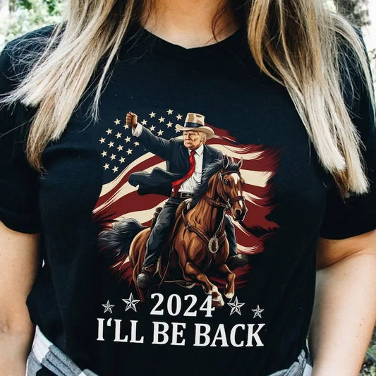 Donald Trump 2024 Vintage Graphic Shirt - Trump Riding a Horse with The American Flag - Cowboy Tshirt - Trump Shirt - Republican Gifts - Trump Gifts