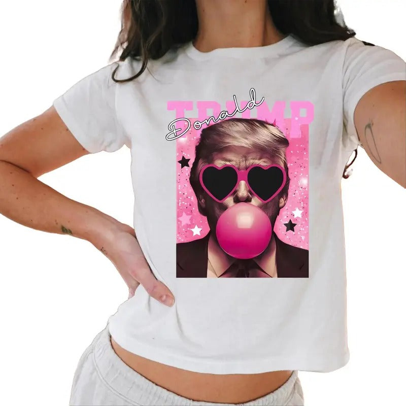 Donald Trump Blowing Bubble Baby Tee,Pink Sun Glasses,Trump,Bubble Gum High Quality Baby Tee Graphic Baby Tee Casual Comfort