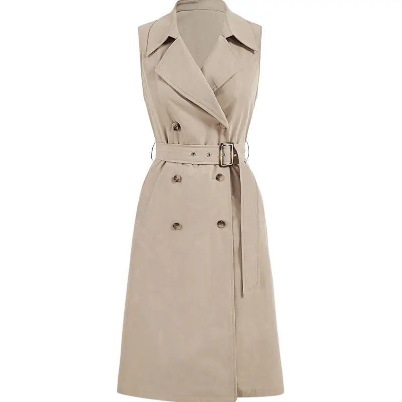 Double Breasted Trench Coats Lapel Collar Sleeveless Belted Vest Jacket