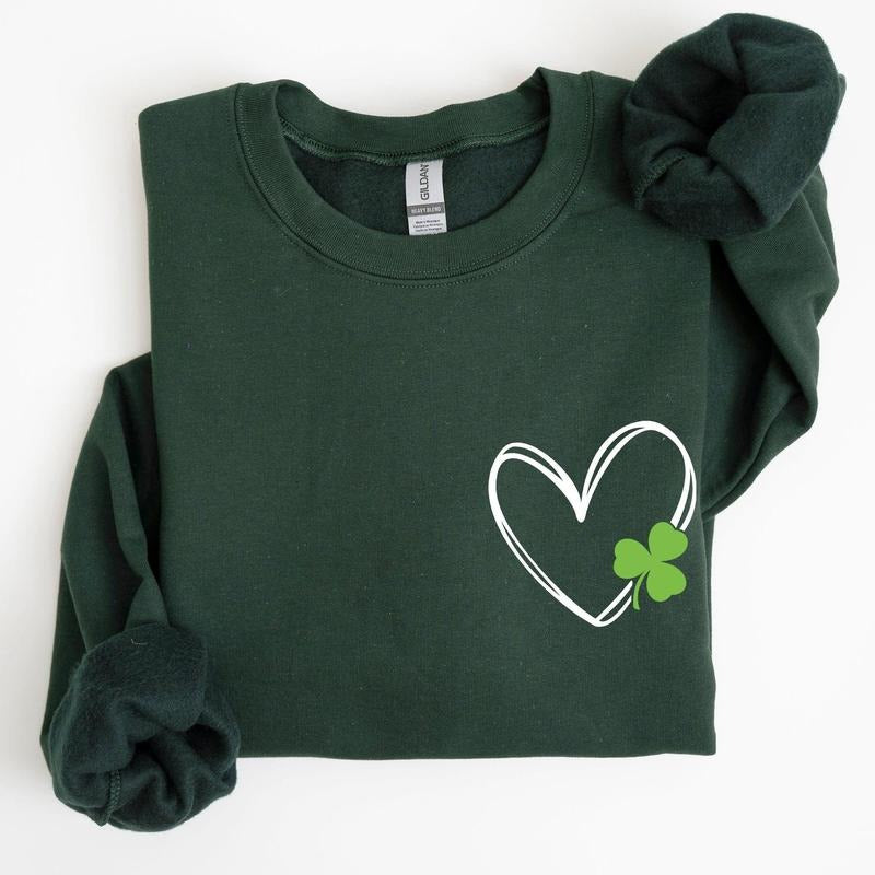 Double Heart With Shamrock, Pocket Print, St Patrick's Day Sweatshirt