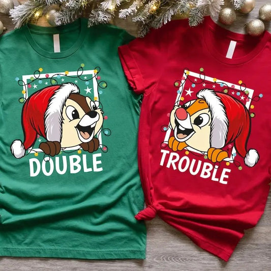 Double Trouble Chip N Dale Christmas tshirt, Christmas Couples Matching T-Shirt, Dsney Chip And Dale In Red Christmas Hat Tee
