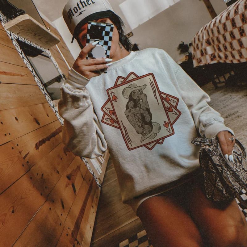 Double Trouble Cowgirl Cards Sweatshirt, vintage crewneck sweatshirts, western outfit women, cowgirl outfits, western clothing stuff tops, country concert outfits, western style clothes