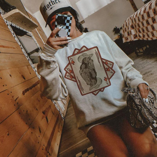Double Trouble Cowgirl Cards Sweatshirt, vintage crewneck sweatshirts, western outfit women, cowgirl outfits, western clothing stuff tops, country concert outfits, western style clothes