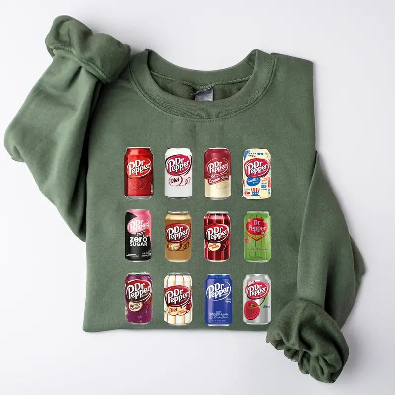Dr. Pepper Sweatshirt, Soda Can Collection Sweatshirt, Vintage Aesthetic Crewneck, Funny Graphic Pullover for Drink Lovers, Cozy Fall Style
