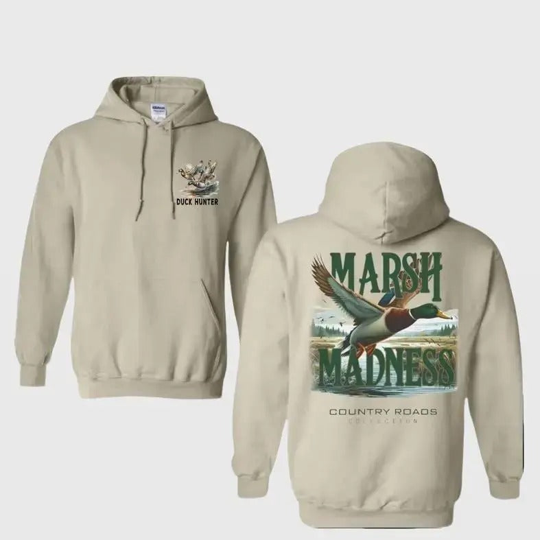 Duck Hunter Hoodie - Marsh Madness Design Featuring a Flying Duck and Bold Outdoor Graphics, Perfect for Hunters and Nature Enthusiasts, Unisex Hoodie for Everyday Comfort and Outdoor Adventure Menswear Sweaters