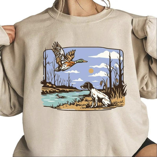 Duck Hunting Dog Sweatshirt - Rustic Nature Vintage Outdoor Unisex T-shirt with Waterfowl Scene , Cotton Pullover, Womenswear Day Hoodie