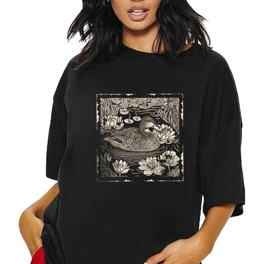 Duck Shirt Birdwatching Linocut Shirt Folk Art Goose T-shirt Granola Girl Wildlife Crewneck Cottage Core Clothes Bird Lover Gift Cotton Womenswear