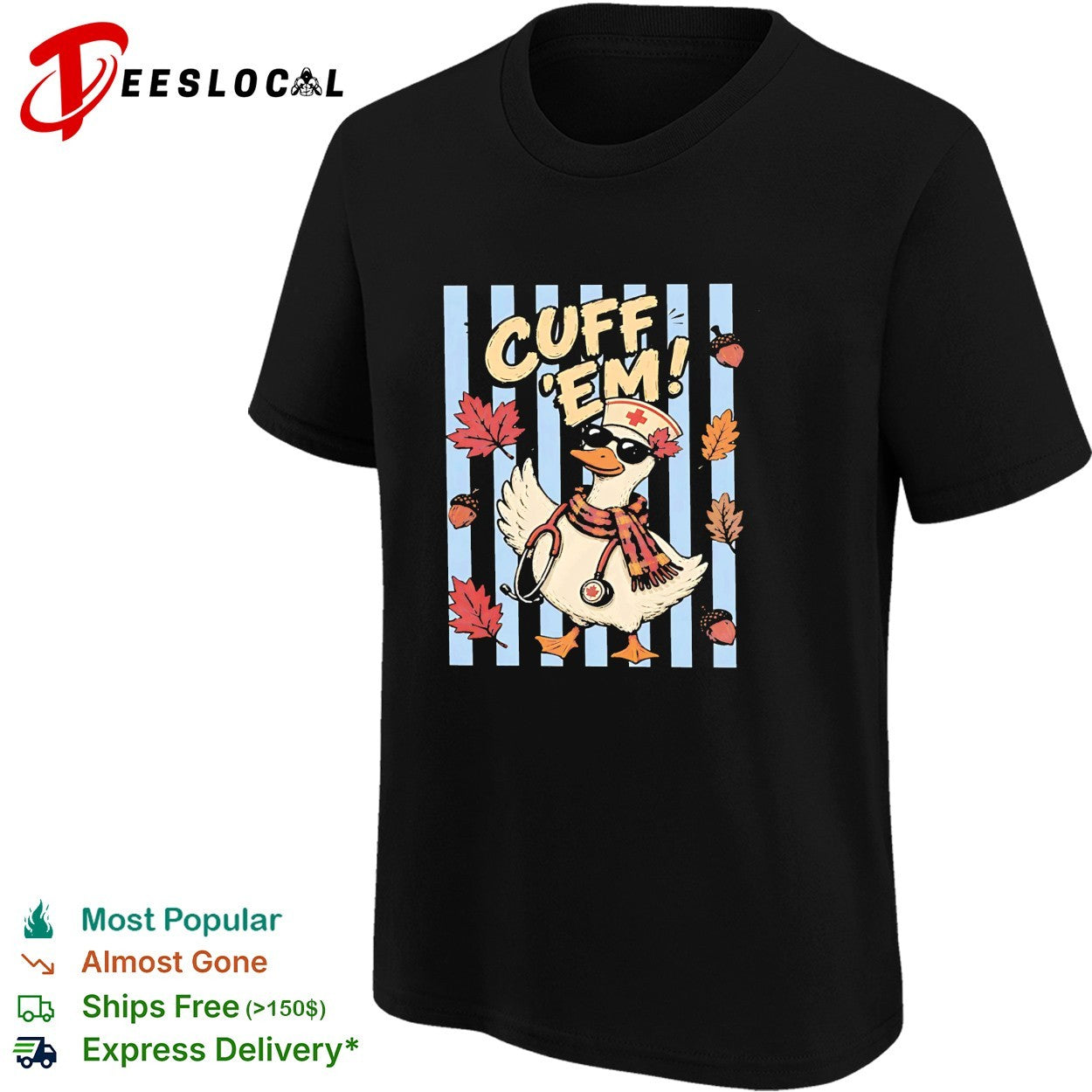 Duck wearing nurse hat and stethoscope cuff ’em maple leaves shirt