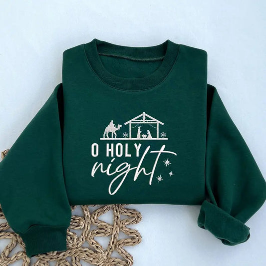 EMBROIDERED O Holy Night Sweatshirt | Christian Crewneck | Religious Christmas Gift | Embroidered Crewneck