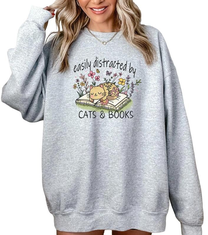 Easily Distracted By Cats And Books Sweatshirt, Book Lover Shirt, Cat Book Lover Shirt, Bookworm Shirt, Unisex Sweatshirt, Long Sleeve Crewneck Shirt, Unique Gifts For Women Sweater, Gifts For Birthday Mothers Day Fit Womenswear